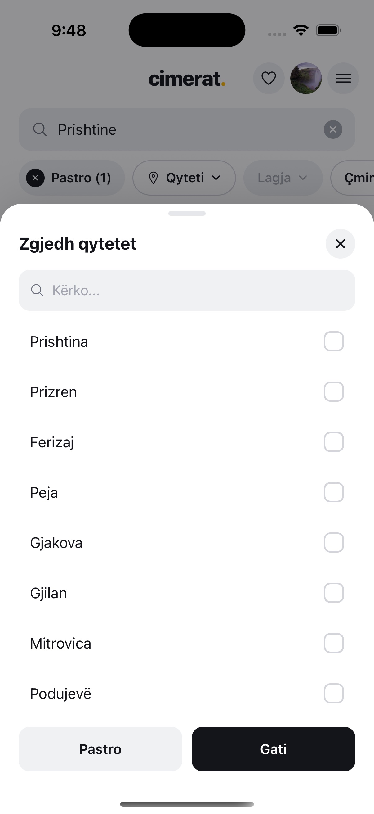 Choosing cities in the filter sheet