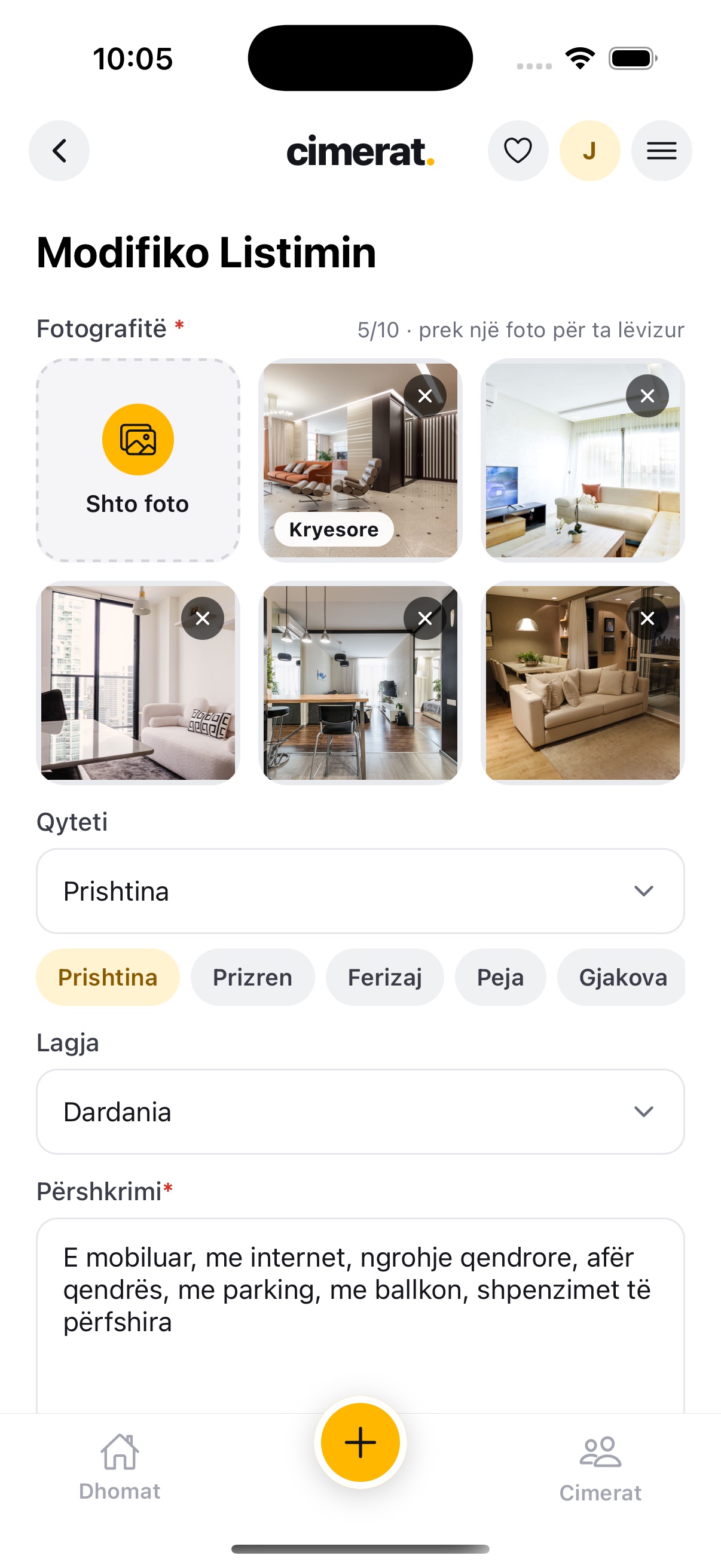 Editing a room listing with five photos