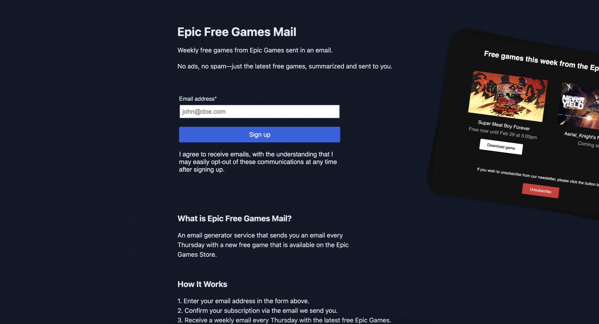 EpicFreeGamesMail home page