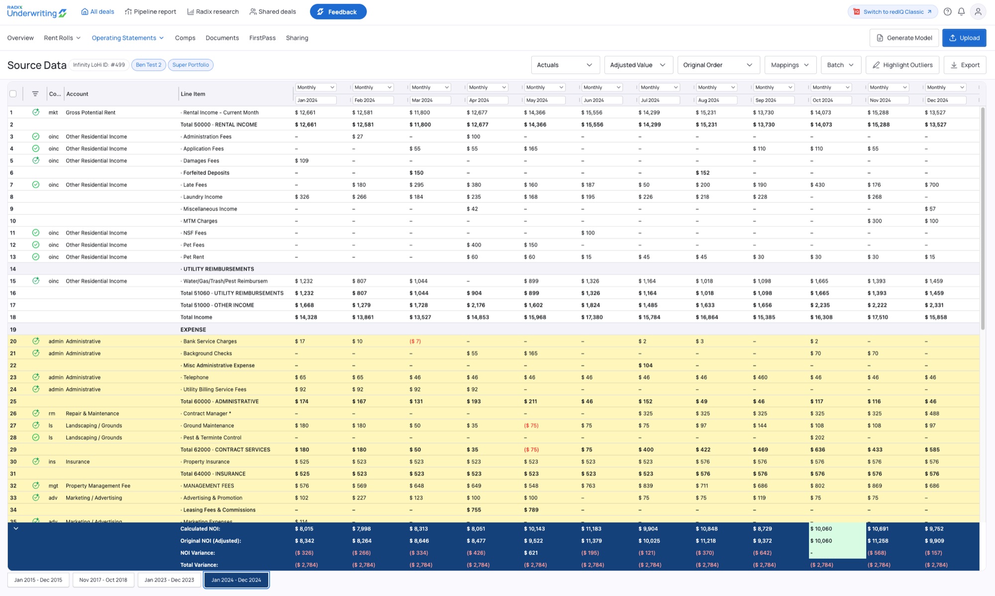 Radix Underwriting operating statement source data