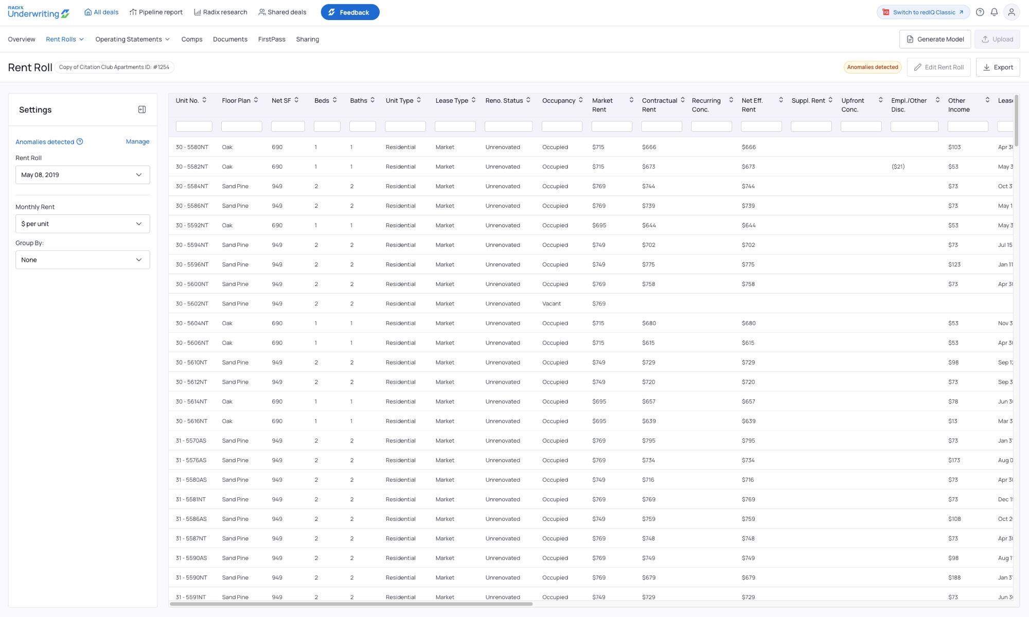 Radix Underwriting rent roll grid